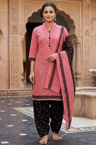 Pink printed cotton blend stitched geometric print salwar kurta dupatta for women