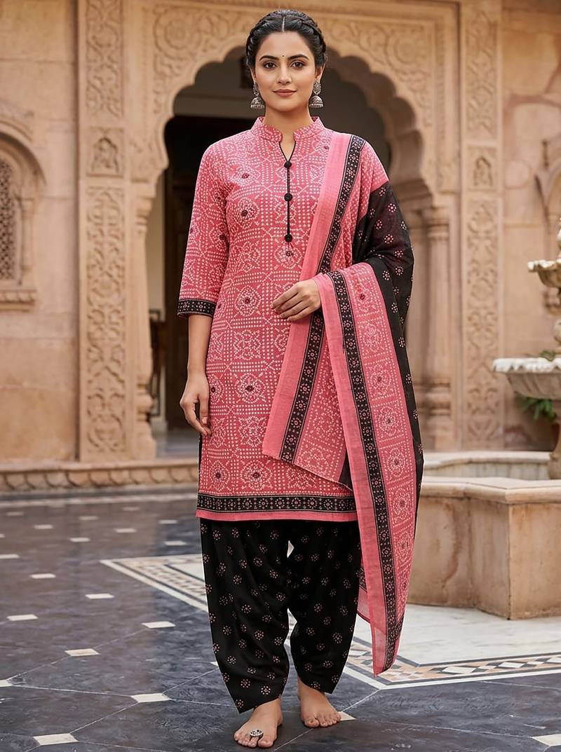 Pink printed cotton blend stitched geometric print salwar kurta dupatta for women