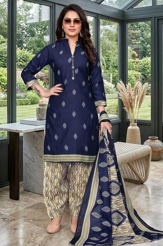 Blue printed cotton blend stitched geometric print salwar kurta dupatta for women