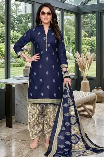 Blue printed cotton blend stitched geometric print salwar kurta dupatta for women
