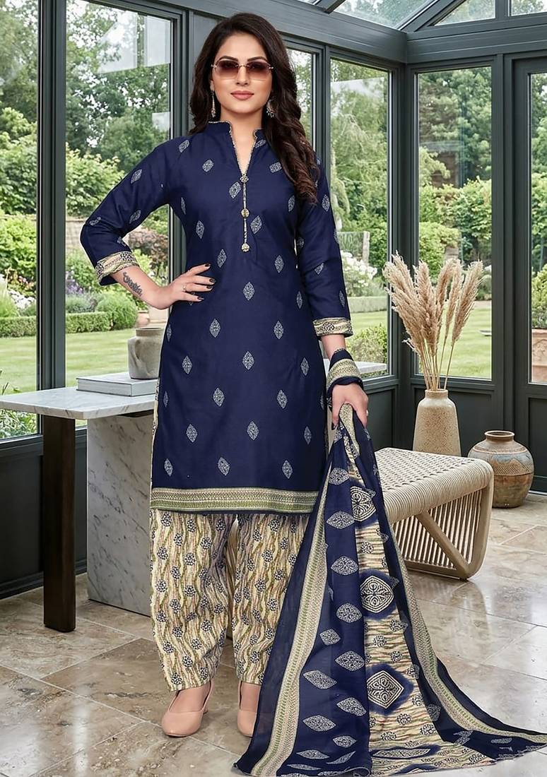 Blue printed cotton blend stitched geometric print salwar kurta dupatta for women