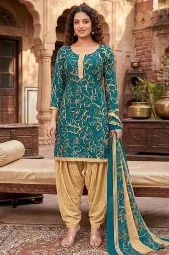 Teal printed cotton blend stitched geometric print salwar kurta dupatta for women