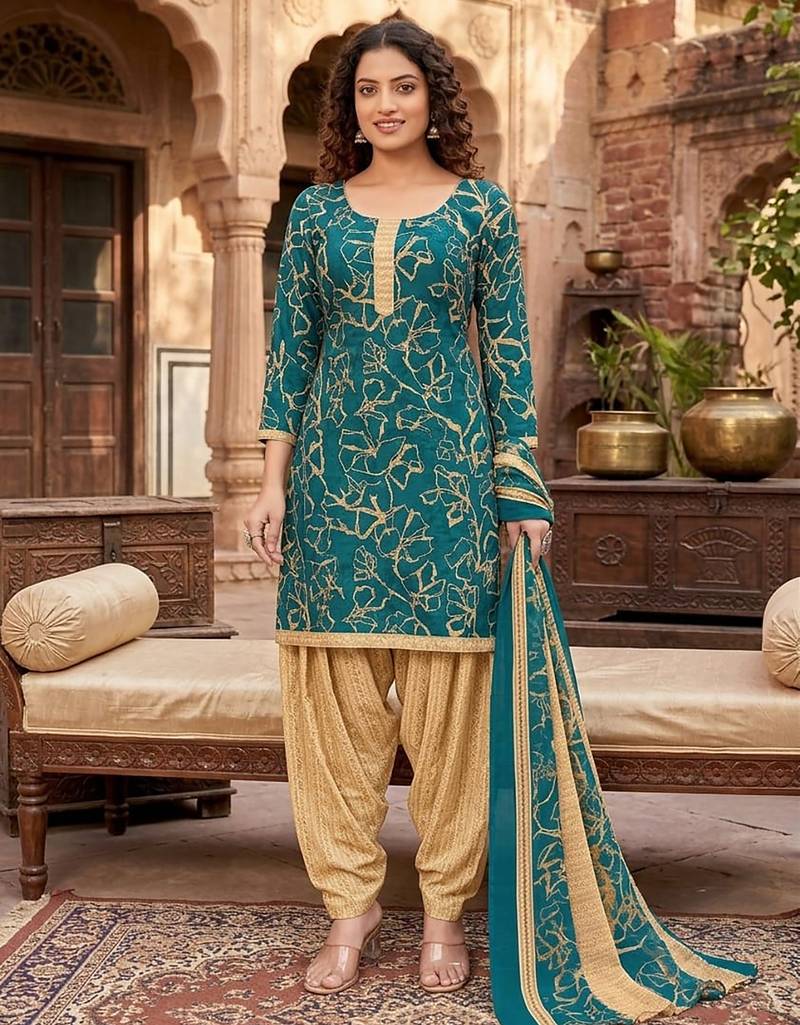 Teal printed cotton blend stitched geometric print salwar kurta dupatta for women