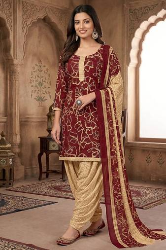 Red printed cotton blend stitched geometric print salwar kurta dupatta for women