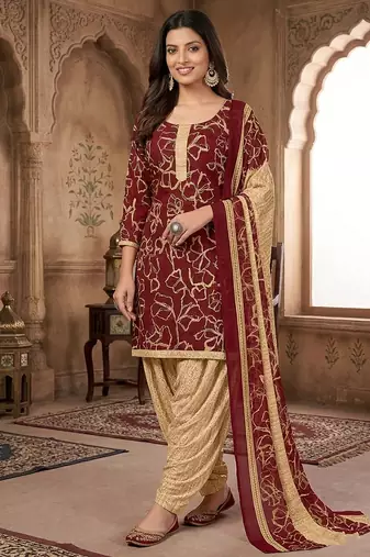 Red printed cotton blend stitched geometric print salwar kurta dupatta for women