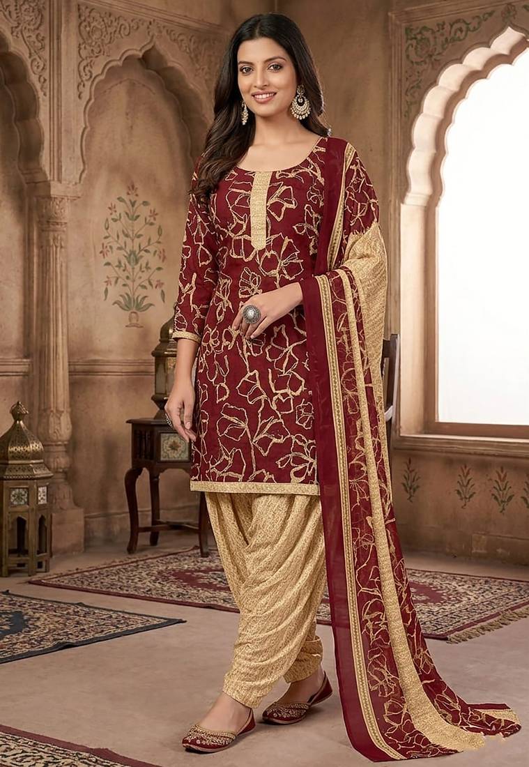 Red printed cotton blend stitched geometric print salwar kurta dupatta for women