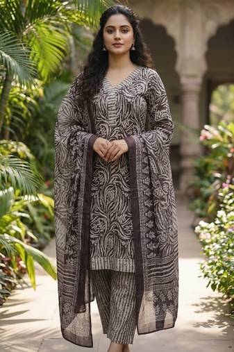 Purple printed cotton blend stitched geometric print salwar kurta dupatta for women