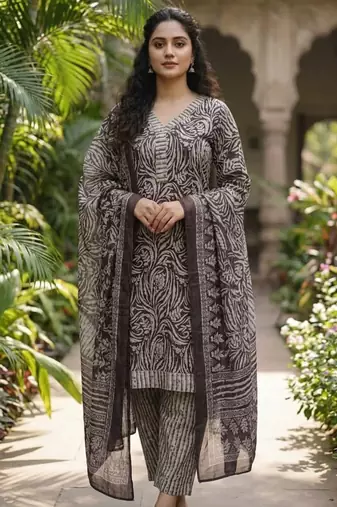 Purple printed cotton blend stitched geometric print salwar kurta dupatta for women