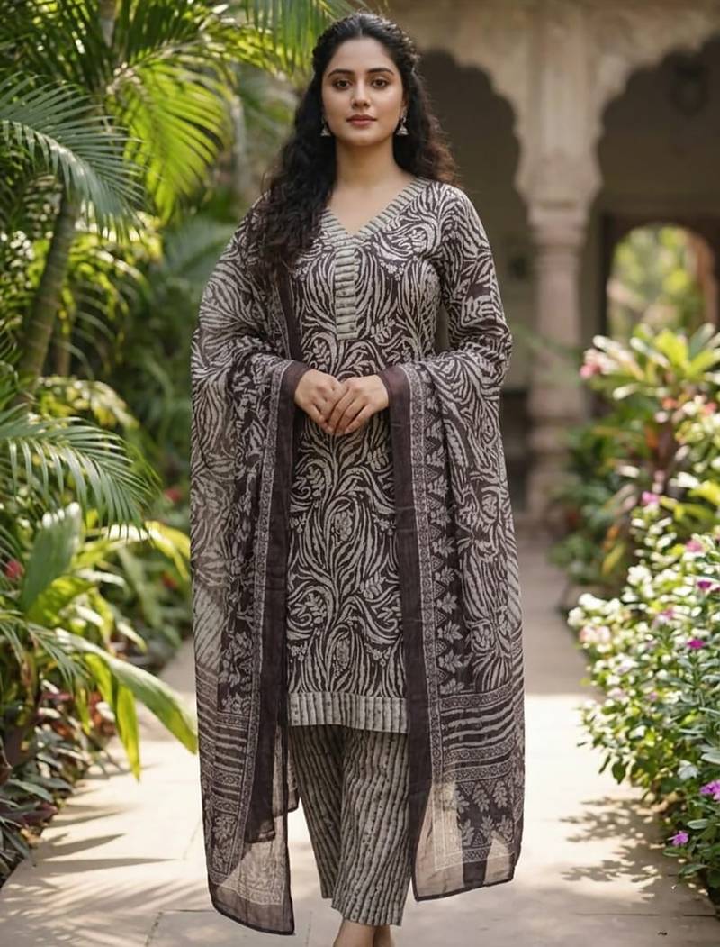 Purple printed cotton blend stitched geometric print salwar kurta dupatta for women