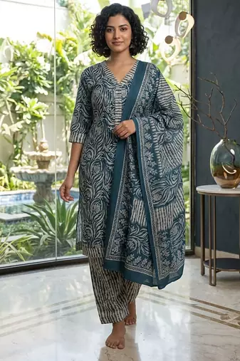 Blue printed cotton blend stitched geometric print salwar kurta dupatta for women