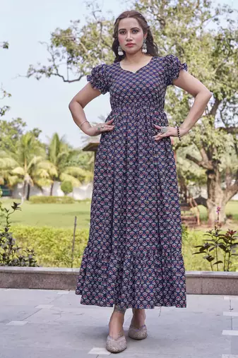 Women navy blue all-over floral print poly cotton fit & flare gown
