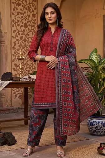 Red printed cotton blend stitched geometric print salwar kurta dupatta for women