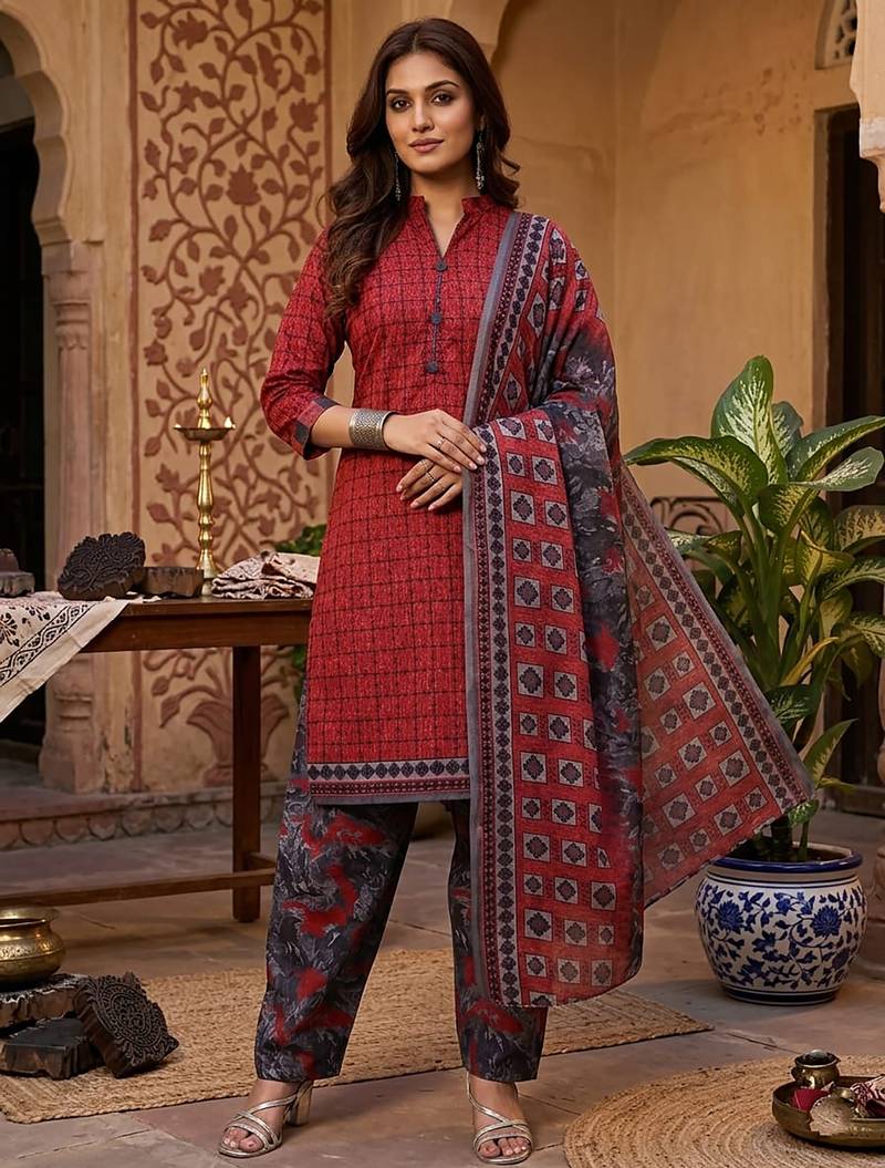 Red printed cotton blend stitched geometric print salwar kurta dupatta for women