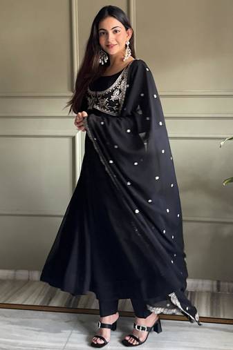 Black Pure Fox Georgette Anarkali Suit Set with Embroidered Koti, Pant & Dupatta