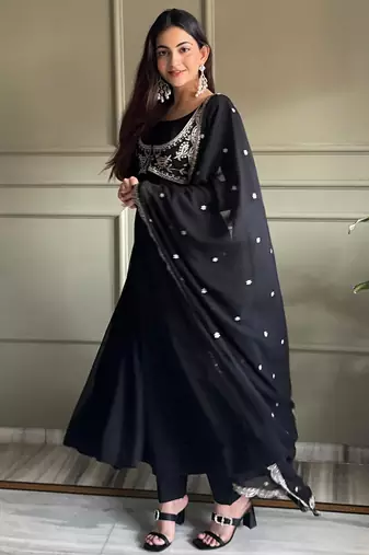 Black Pure Fox Georgette Anarkali Suit Set with Embroidered Koti, Pant & Dupatta