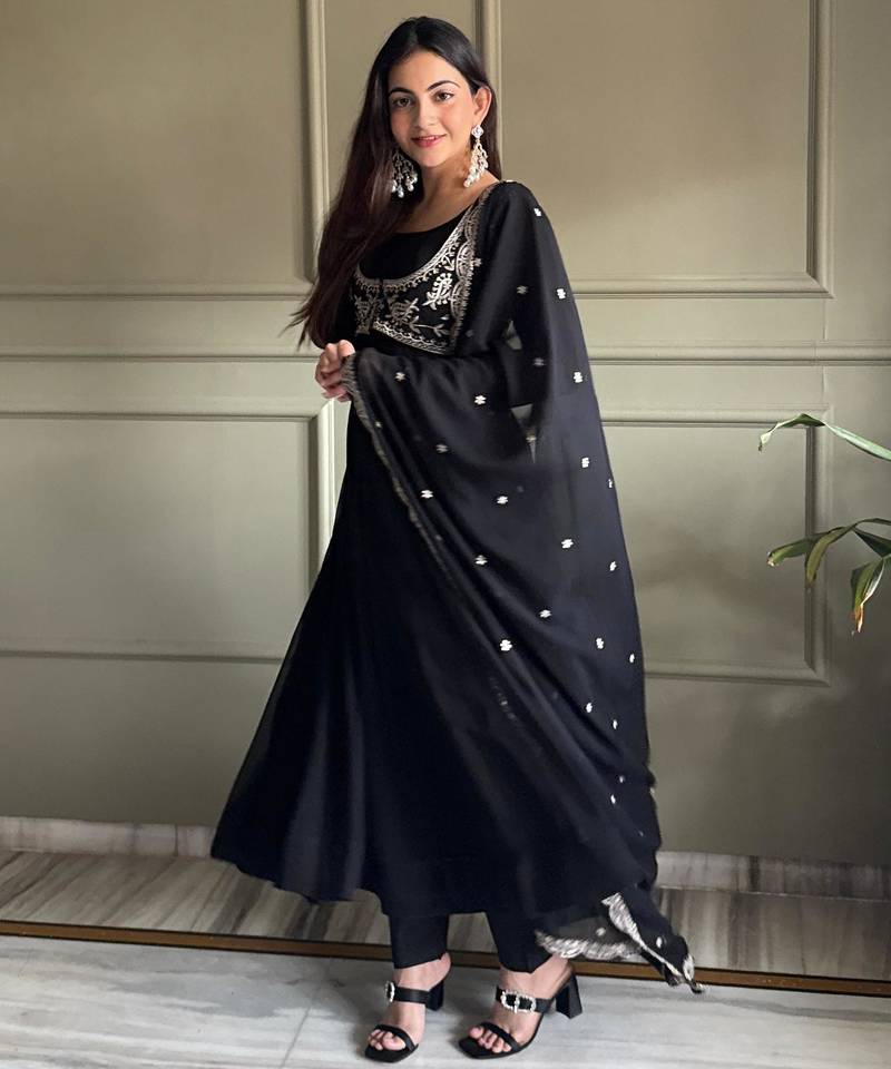 Black Pure Fox Georgette Anarkali Suit Set with Embroidered Koti, Pant & Dupatta