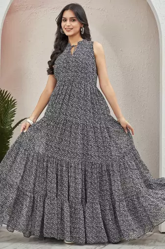 Women black all-over floral print georgette fit & flare gown