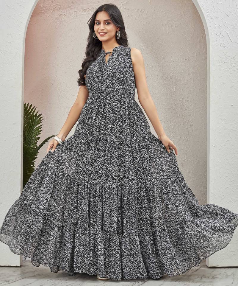 Women black all-over floral print georgette fit & flare gown