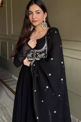 black fox georgette anarkali suit with koti embroidery