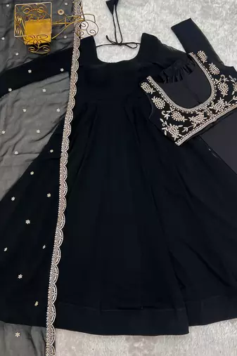 black fox georgette anarkali suit with koti embroidery