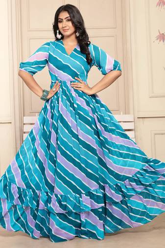 Women blue striped print georgette fit & flare gown