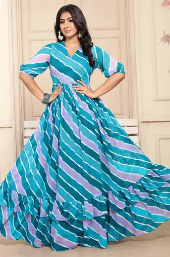 Women blue striped print georgette fit & flare gown