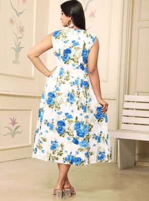 blue polyester midi dress with floral printed design 2