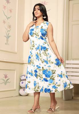 blue polyester midi dress with floral printed design 3