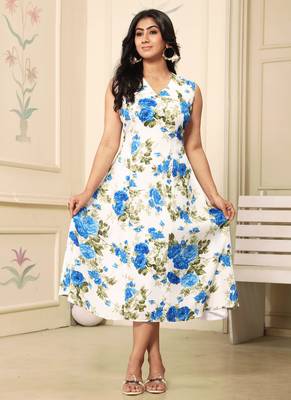blue polyester midi dress with floral printed design 5