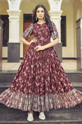 Women brown printed cotton blend anarkali dress