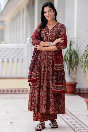 Blood red cotton printed printed suit set with duptta