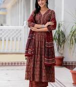 Blood red cotton printed printed suit set with duptta