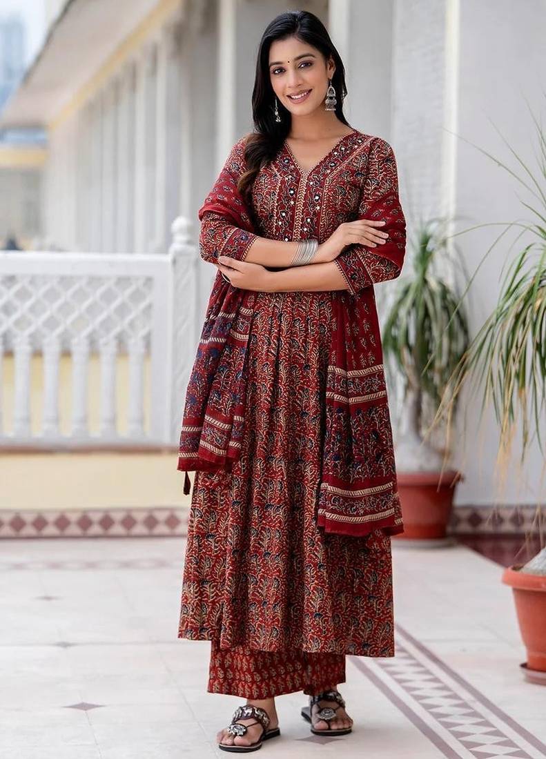 Blood red cotton printed printed suit set with duptta