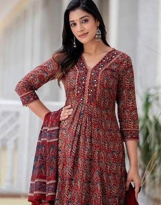 Blood red cotton printed printed suit set with duptta 2