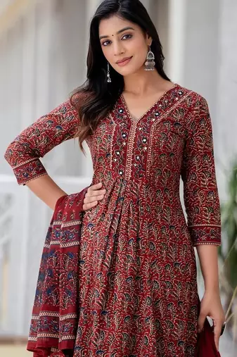 Blood red cotton printed printed suit set with duptta