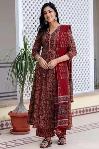 Blood red cotton printed printed suit set with duptta