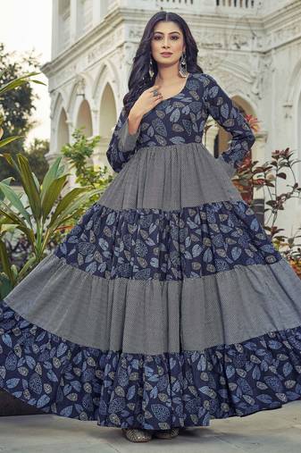 Women navy blue leaf printed tiered anarkali maxi dress