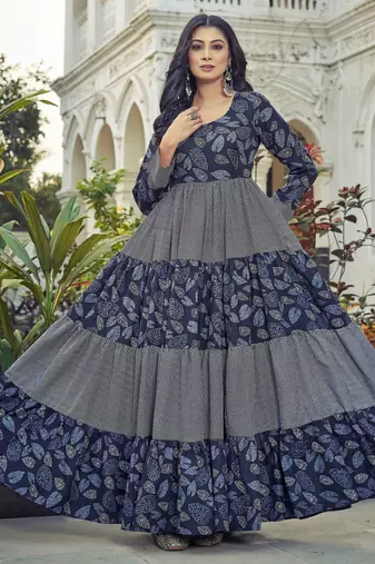 Women navy blue leaf printed tiered anarkali maxi dress