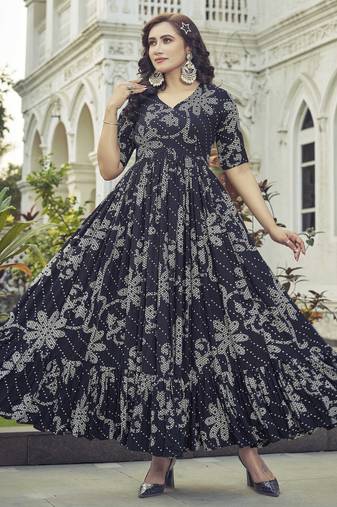 Women black floral printed flared anarkali maxi dress