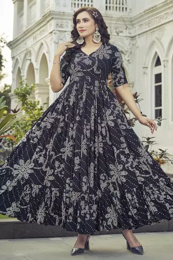 Women black floral printed flared anarkali maxi dress