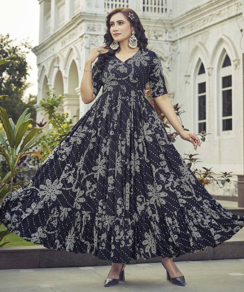 Women black floral printed flared anarkali maxi dress