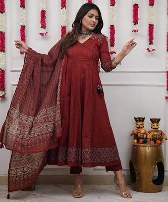 Blood red cotton printed tulip suit set 1