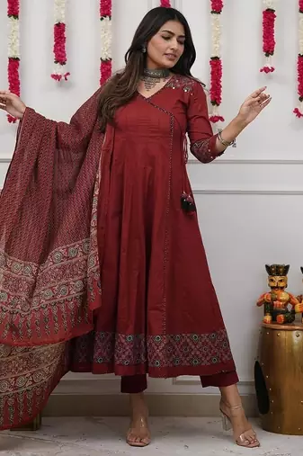 Blood red cotton printed tulip suit set