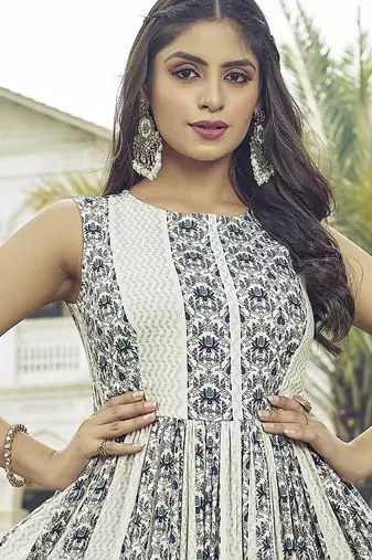 Women white printed sleeveless anarkali maxi gown