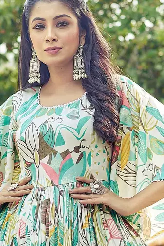 Women off white tropical leaf printed flared maxi dress