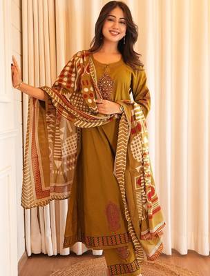 Dark yellow cotton printed printed suit set 1
