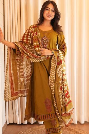 Dark yellow cotton printed printed suit set