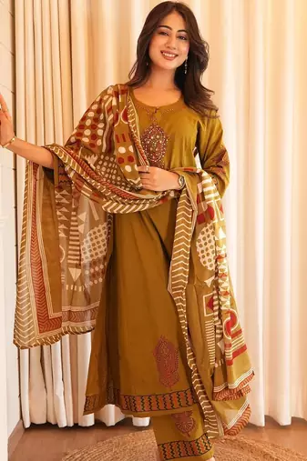 Dark yellow cotton printed printed suit set