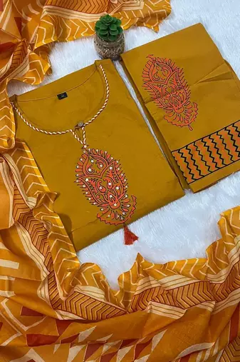 Dark yellow cotton printed printed suit set