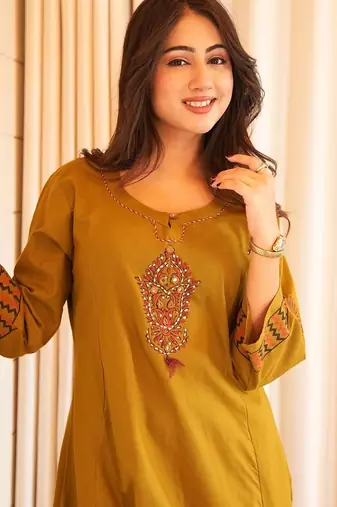 Dark yellow cotton printed printed suit set